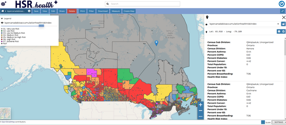 Bioaccumulation Health Risk Index for Canadian Provinces at the Census Division level. The heat map shows the relative risk of adverse health outcomes due to exposure for Canadian provinces at the Census Division level.