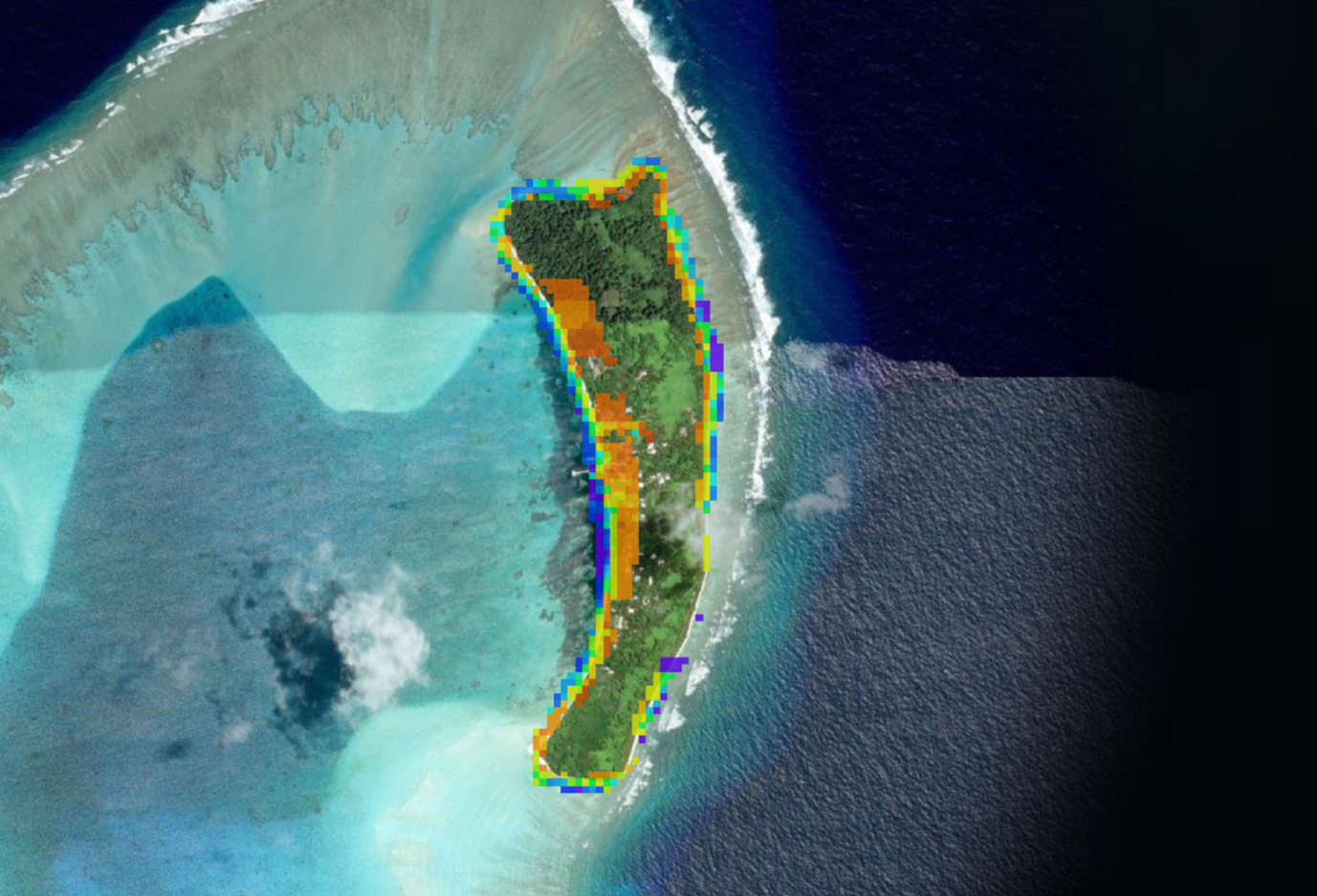 Map of island Kayangel, Palau, with the annual 2013 WOfS product indicating flood zones, yellow to red areas.